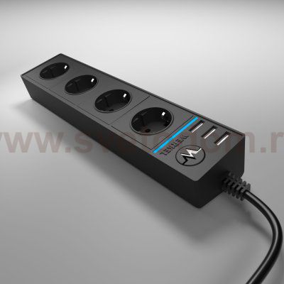 Розеточный блок 4-х местный + 3 USB черный WL20-04-03 Werkel