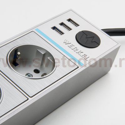 Розеточный блок 4-х местный + 3 USB серебряный/серебряный рифленый Werkel WL20-04-03