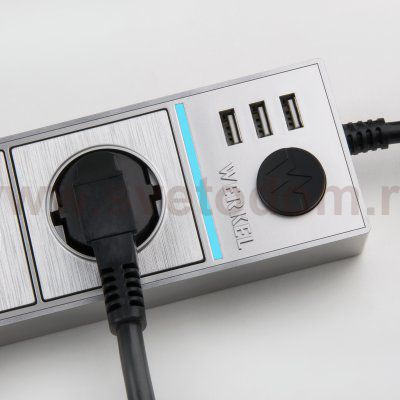 Розеточный блок 4-х местный + 3 USB серебряный/серебряный рифленый Werkel WL20-04-03