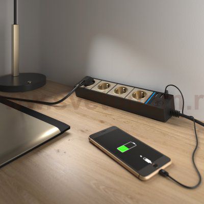 Розеточный блок 4-х местный + 3 USB черный/шампань рифленый WL20-04-03 Werkel