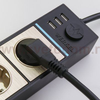 Розеточный блок 4-х местный + 3 USB черный/шампань рифленый Werkel W6514944
