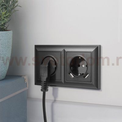 Розетка с заземлением, шторками и USBх2 (черный матовый) W1171508 Werkel