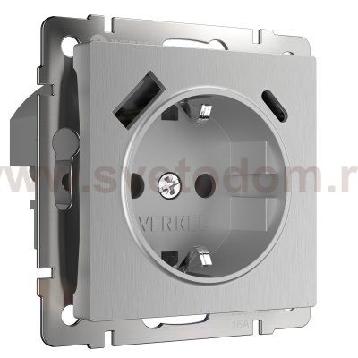Розетка с быстрой зарядкой USB Type A+С серебряный рифленый W1171709 Werkel