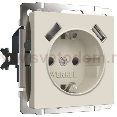Розетка с заземлением, шторками и USBх2 (айвори матовый) Werkel W1171562