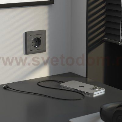 Розетка с заземлением, шторками и USB тип A+C  (графит матовый) W1171764 Werkel