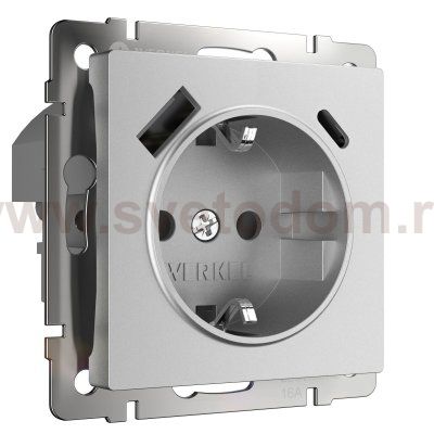 Розетка с заземлением, шторками и USB тип A+C  (серебряный матовый) W1171765 Werkel