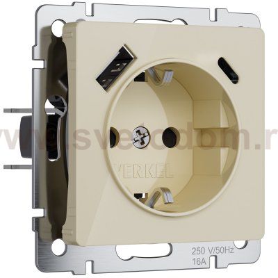 Розетка с заземлением, шторками и USB тип A+C (айвори акрил) Werkel W1171743