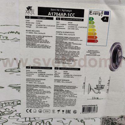 Светильник настенный чашка прозрачная Arte Lamp A1704AP-1CC TET-A-TET