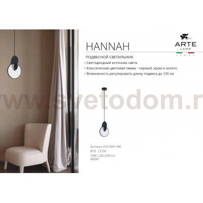 Светильник подвесной Arte Lamp A1916SP-1BK HANNAH