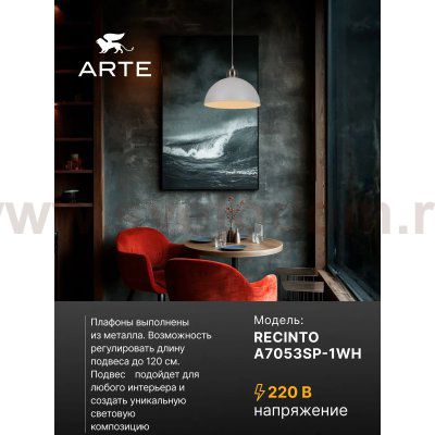 Светильник подвесной Arte Lamp A7053SP-1WH RECINTO