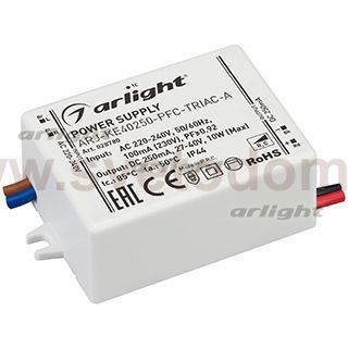 Блок питания ARJ-KE40250-PFC-TRIAC-A (10W, 250mA) (Arlight, IP44 Пластик, 5 лет) Arlight 28780