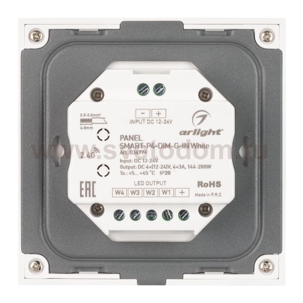 Панель SMART-P4-DIM-G-IN White (12-24V, 4x3A, Sens, 2.4G) (Arlight, IP20 Пластик, 5 лет) Arlight 34774