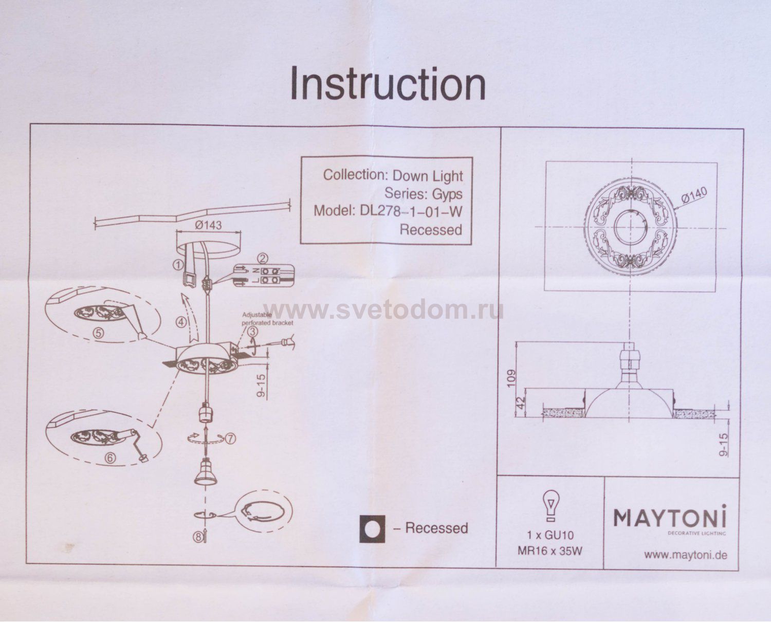 Встроенный светильник Maytoni DL278-1-01-W Gyps