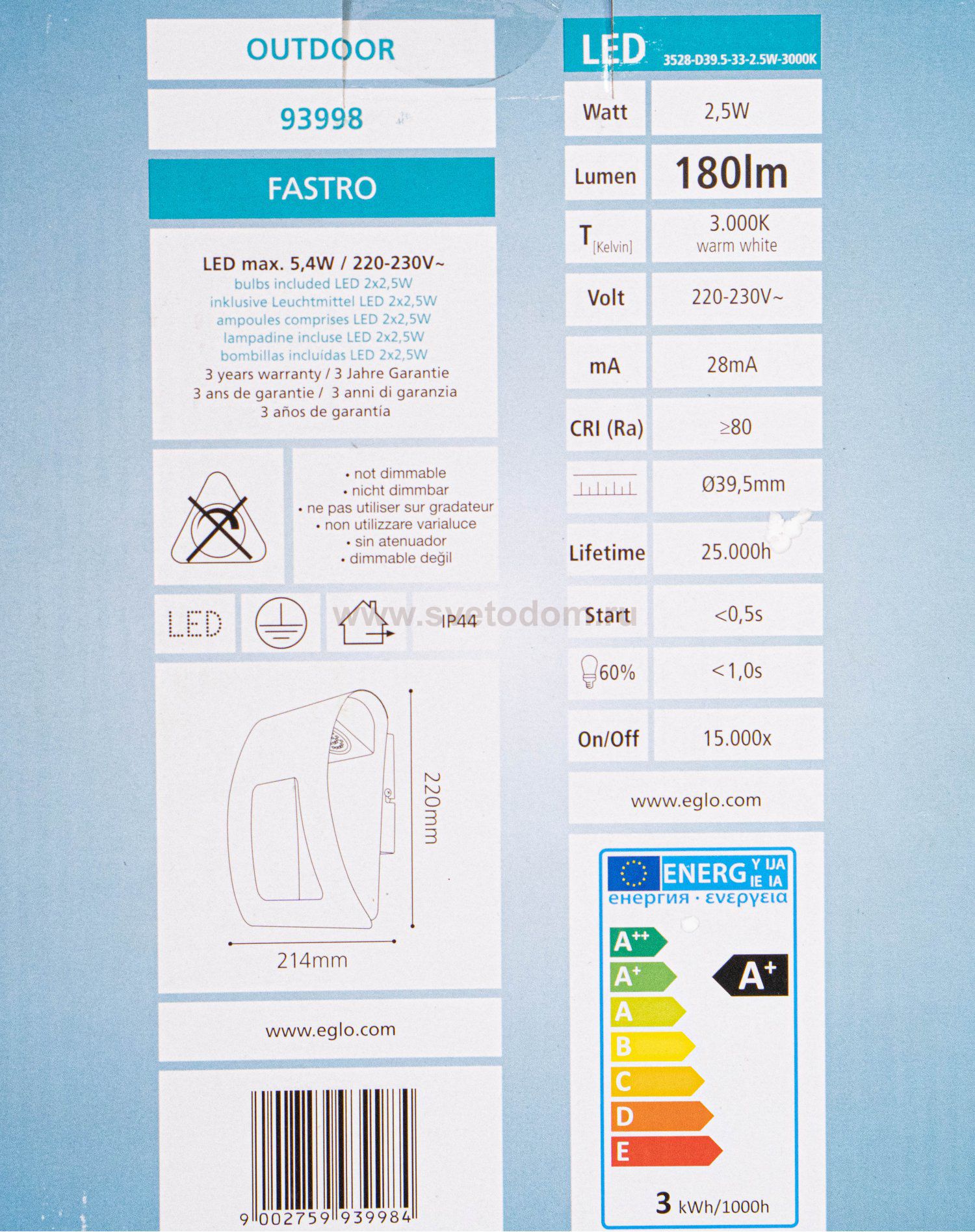 Светильник уличный диодный 2,5W Eglo 93998 FASTRO