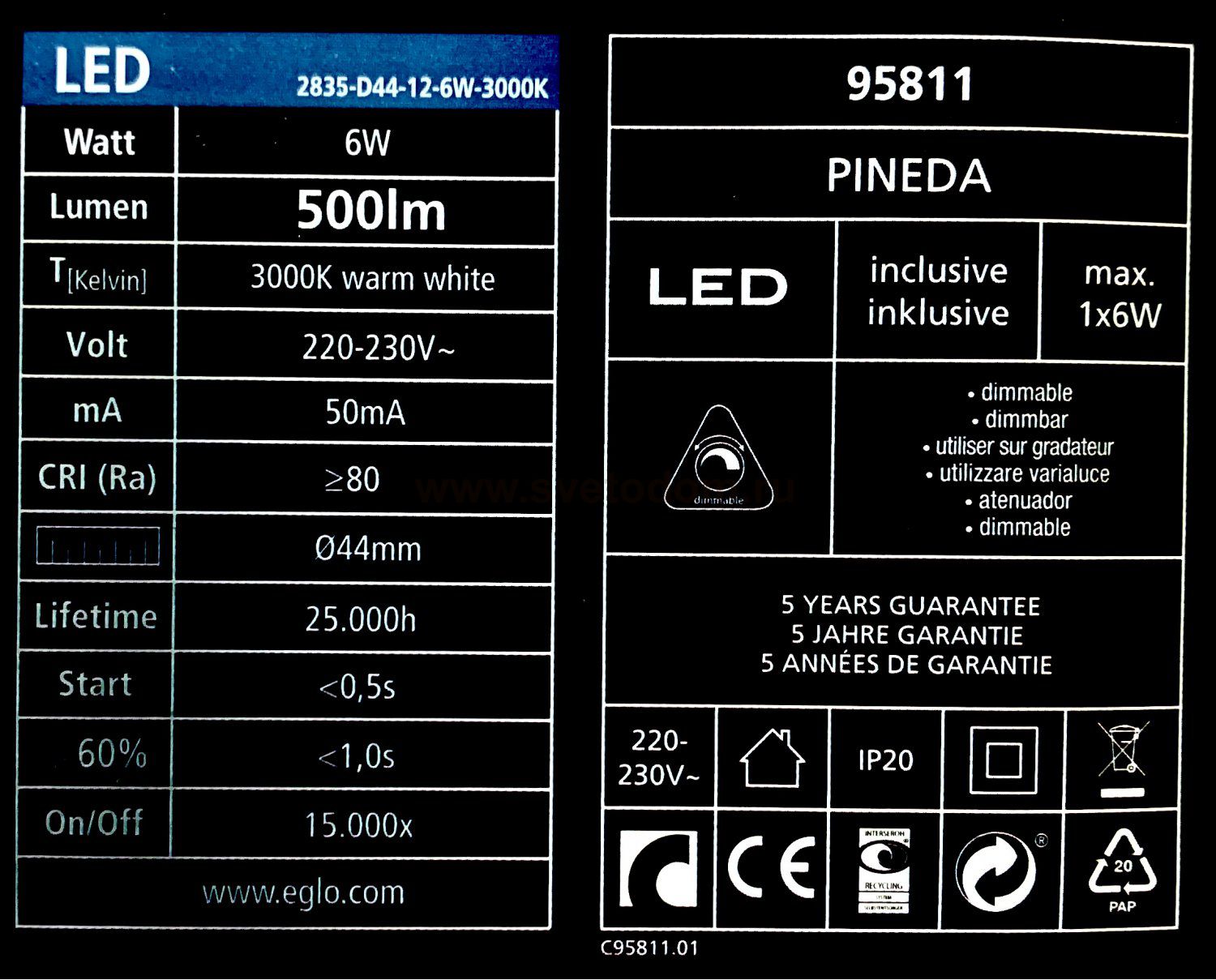 Встраиваемый светильник 6Вт IP44 Eglo 95811 PINEDA