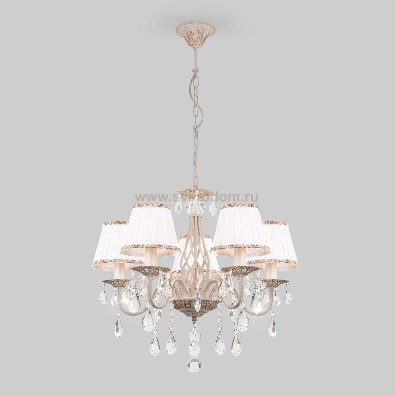 Люстра с тканевыми абажурами и хрустальными подвесками 10054/5 белый с золотом