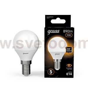 Лампа Gauss Шар 9.5W 890lm 3000K E14 LED 1/10/100