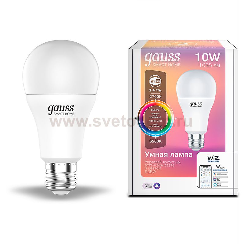 Лампа Gauss Smart Home A60 10W 1055lm 2700-6500К E27 RGBW+изм.цвет.темп.+диммирование LED 1/10/40