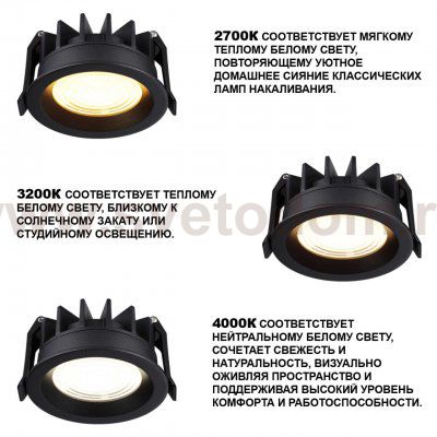 359843 WIR NT25 504 черный Светильник встраиваемый с переключателем цв. температуры IP44 LED 10W 220-240V 2700К\3200К\4000К FLUO