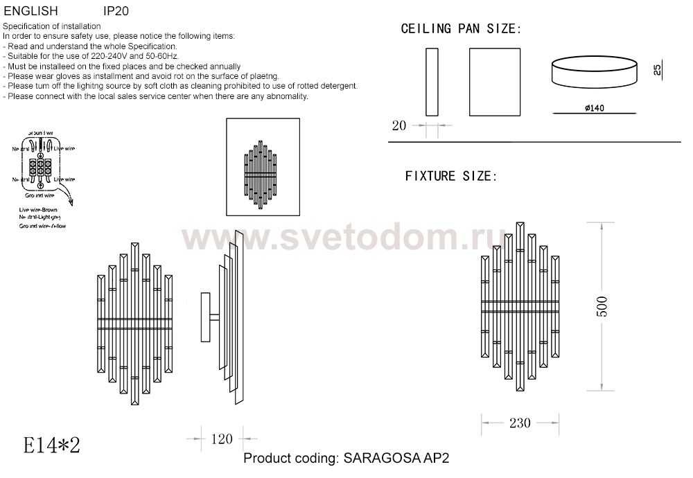 Crystal lux SARAGOSA AP2 BRASS/TRANSPARENTE
