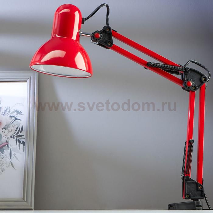 Лампа настольная Е27, h=55 см, шарнирная, на зажиме (220В) красная