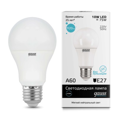 

Лампа Gauss LED Elementary A60 15W E27 1450lm 4100K (23225), 23225