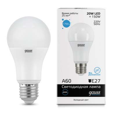

Лампа Gauss LED Elementary A60 20W E27 1750lm 6500K (23239), 23239