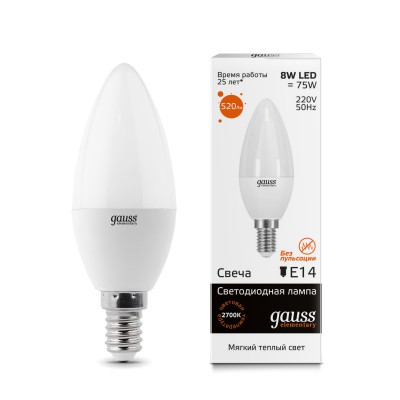 

Лампа Gauss LED Elementary Свеча 8W E14 520lm 3000K (33118), 33118