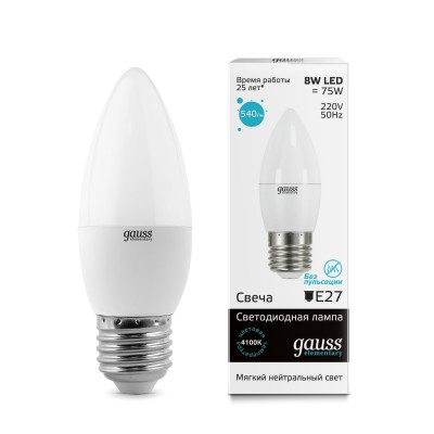 

Лампа Gauss LED Elementary Свеча 8W E27 540lm 4100K (33228), 33228
