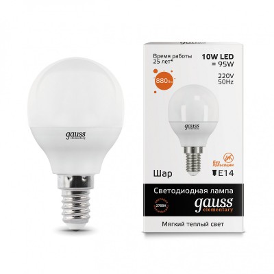 

Лампа Gauss LED Elementary Шар 10W E14 710lm 3000K (53110), 53110