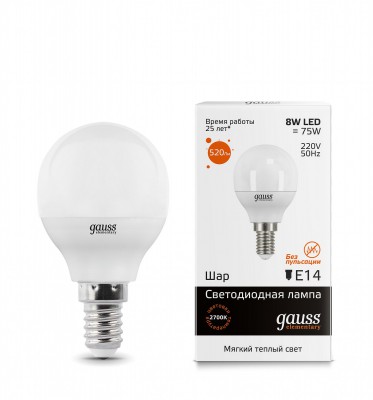 

Лампа Gauss LED Elementary Шар 8W E14 520lm 3000K (53118), 53118