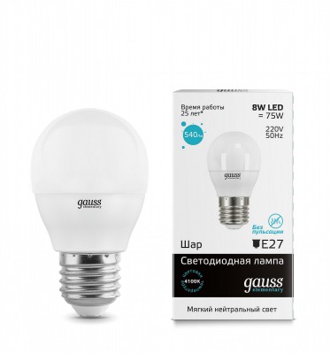

Лампа Gauss LED Elementary Шар 8W E27 540lm 4100K (53228), 53228