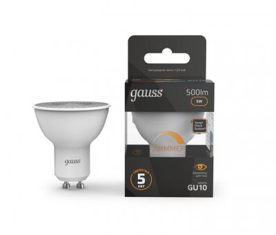 Лампа Gauss MR16 5W 500lm 3000K GU10 диммируемая LED 1/10/100