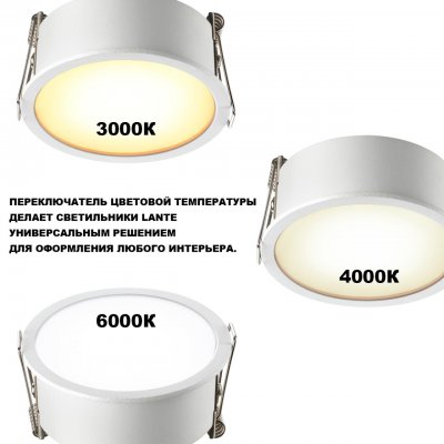 359879 WIR NT26 000 белый Светильник встраиваемый с переключателем цв. температуры IP20 LED 18W 100-265V 3000К/4000К/6000К LANTE 359879 WIR NT26 000 белый Светильник встраиваемый с переключателем цв. температуры IP20 LED 18W 100-265V 3000К/4000К/6000К LANTE