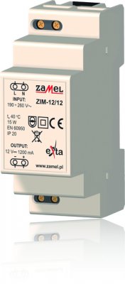 Zamel Блок питания импульсный 230VAC/12VDC 1200мА IP20 на DIN рейку 2мод (ZIM-12/12) Zamel Блок питания импульсный 230VAC/12VDC 1200мА IP20 на DIN рейку 2мод (ZIM-12/12)